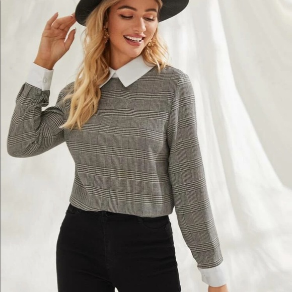 SHEIN Tops - Houndstooth Contrast Collar Keyhole Back Blouse